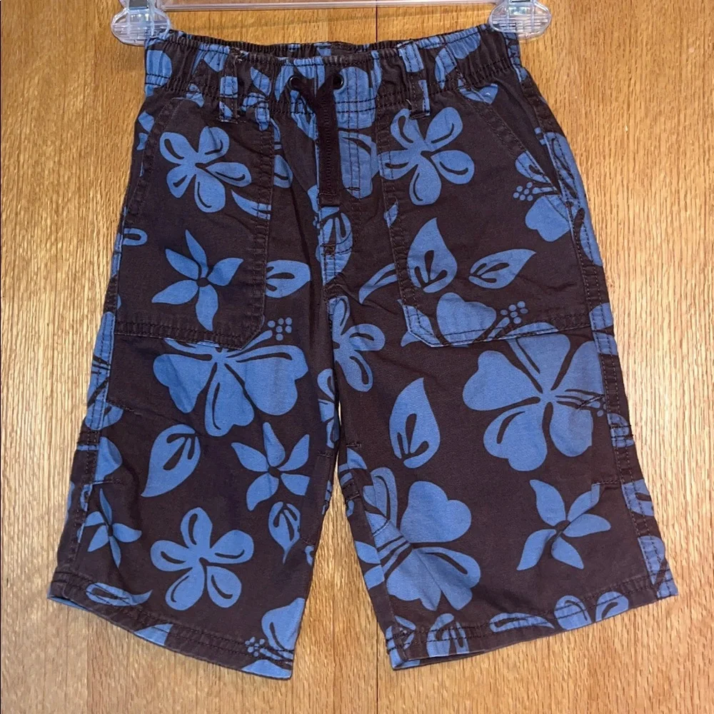 Gymboree Size 5 pull on cotton canvas Hawaiian floral brown blue shorts EUC